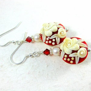 Red White Floral Earrings, Valentine's Day Jewelry, Ivory Rose Lampwork Earrings, Valentine's Gift for Her, Floral Jewelry, Romantic Jewelry image 5