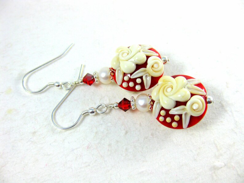 Red White Floral Earrings, Valentine's Day Jewelry, Ivory Rose Lampwork Earrings, Valentine's Gift for Her, Floral Jewelry, Romantic Jewelry image 5