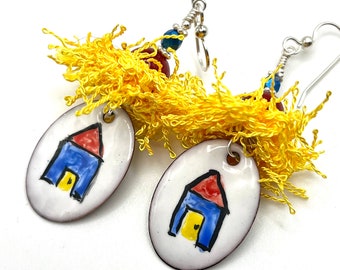 House Earrings, Colorful Folk Art Dangle Earrings, Fun Enameled Copper Earrings, Playful Happy Whimsical, Unique One of a Kind Jewelry