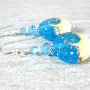 Blue White Wave Earrings, Beach Earrings, Ocean Earrings, Beach Wedding, Bridesmaid Jewelry, Summer Jewelry, Aqua Blue Glass Dangle Earrings image 4
