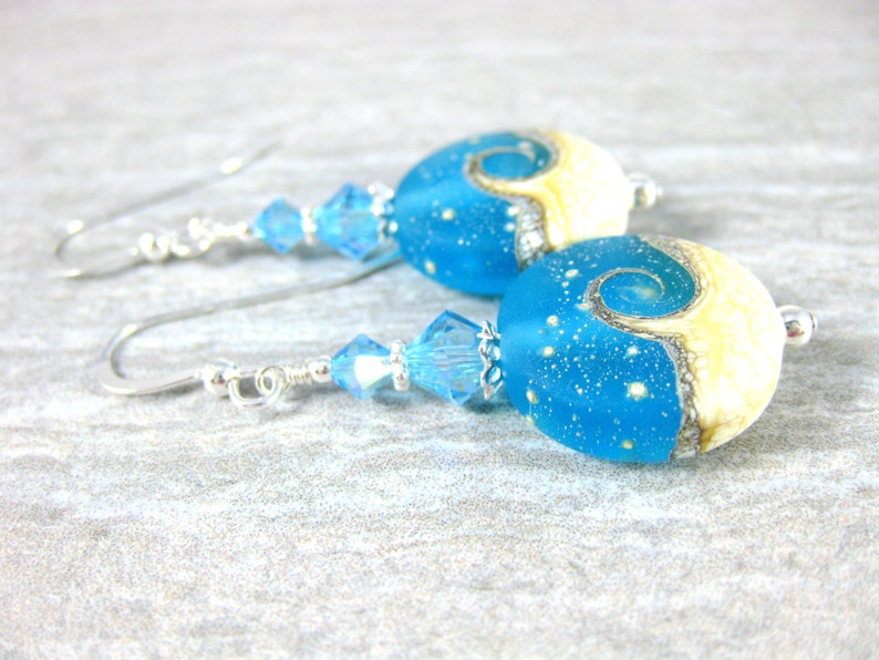 Blue White Wave Earrings, Beach Earrings, Ocean Earrings, Beach Wedding, Bridesmaid Jewelry, Summer Jewelry, Aqua Blue Glass Dangle Earrings image 4