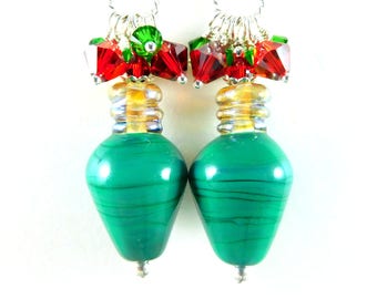 Green Christmas Light Bulb Dangle Earrings, Red Green Crystal Cluster Earrings Whimsical Jewelry Holiday Party Jewelry Lampwork Fun Earrings