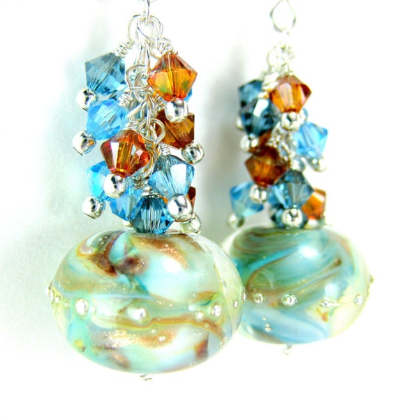 Lampwork Earrings, Aqua Blue Earrings, Crystal Earrings, Blue Brown Gold Glass Earrings, Beadwork Earrings, Dangle Earrings - Cloud Dance