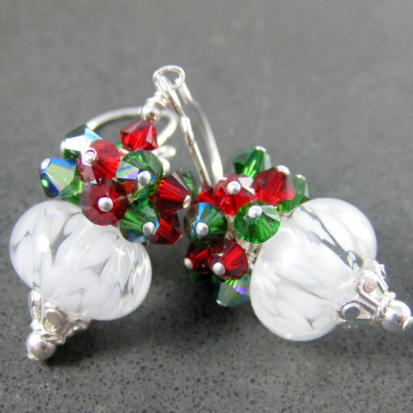 Christmas Earrings, Red Green Crystal Cluster Earrings, Holiday Earrings, White Boro Lampwork Earrings, Christmas Jewelry, Special Occasion