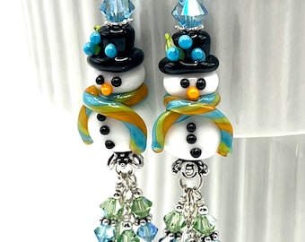 Top Hat Snowman & Blue Green Crystal Dangle Earrings, Christmas Snowmen Earrings, Winter Jewelry, Funny Playful Holiday Jewelry, Hanukkah