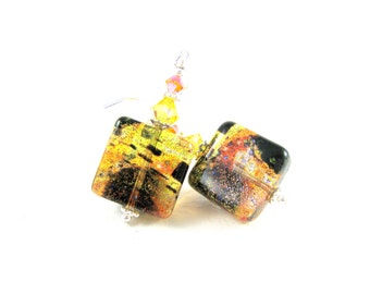 Klimt Murano Earrings, Venetian Murano Earrings, Yellow Orange Black Earrings, Fall Autumn Earrings, Beadwork Dangle Earrings - Solar