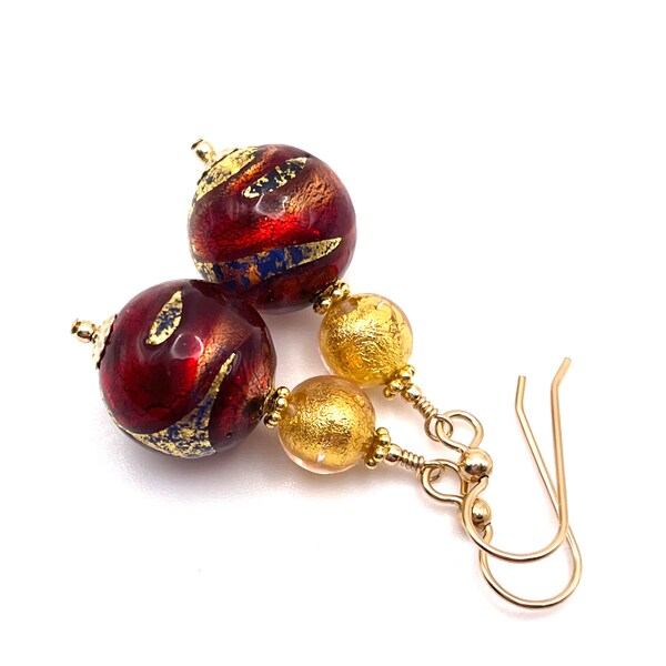 Red Gold Foil Murano Bead Earrings, Sparkling Christmas Venetian Glass Dangle Earrings, Gold Filled Drop Earrings, Murano Jewelry