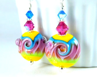 Colorful Neon Rainbow Swirl Dangle Earrings, Yellow Pink Blue Lime Glass Earrings Psychedelic Wave Earrings Lampwork Earrings Hippie Jewelry