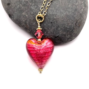 Pink Heart Necklace, Rose Pink Murano Glass Heart Necklace, Venetian Glass Bead, Gold Filled Necklace Valentine's Day Jewelry, Pendant