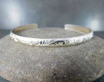 Floral Silver Cuff Bracelet Delicate 4mm Wide Sterling Silver Vine & Leaf Open Bangle Layering Everyday Jewelry Adjustable Stacking Bracelet