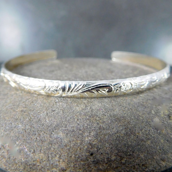 Floral Silver Cuff Bracelet Delicate 4mm Wide Sterling Silver Vine & Leaf Open Bangle Layering Everyday Jewelry Adjustable Stacking Bracelet