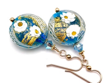 Blue Murano Earrings, Aqua Blue Glass Earrings, Blue White Venetian Glass Earrings, Gold Filled Dangle Earrings, Flowers, Nature Jewelry