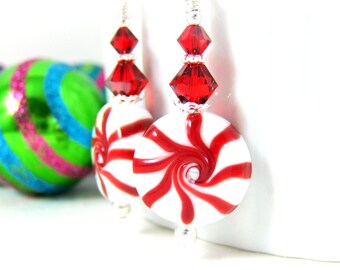 Christmas Earrings, Peppermint Earrings, Holiday Jewelry, Red White Candy Earrings, Lampwork Earrings, Fun Candy, Christmas Jewelry, GRJ