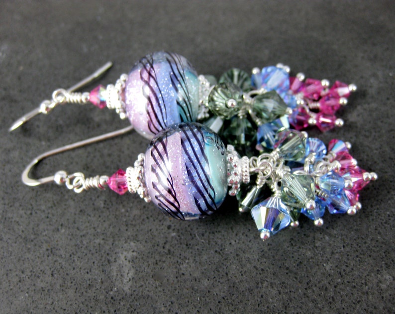 Sparkling Colorful Pastel & Silver Dichroic Glass Earrings, Pink Blue Mint Green Crystal Dangle Earrings, Sterling Silver Lampwork Earrings image 4