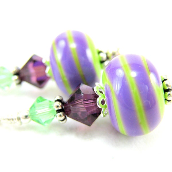 Purple Lampwork Glass Earrings, Lime Green Purple Stripe Glass Bead Earrings, Crystal Sterling Silver - Spinning in Circles