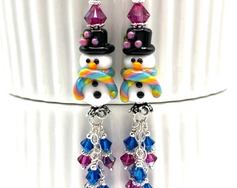 Colorful Snowmen & Crystal Dangle Earrings, Rainbow Christmas Snowman Earrings, Winter Jewelry, Funny Playful Holiday Jewelry, Hanukkah