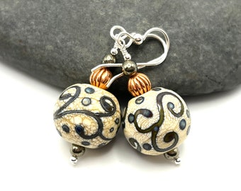 Ivory Olive Green Scroll Work Boho Dangle Earrings, Rustic Earrings, Large Round Glass Earrings, Lampwork Earrings, Fall Autumn Jewelry