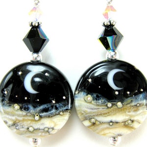 Moon Earrings, Halloween Earrings, Crescent Moon, Celestial Earrings, Moon Jewelry, Solar System, Lampwork Black Ivory White Space  Midnight