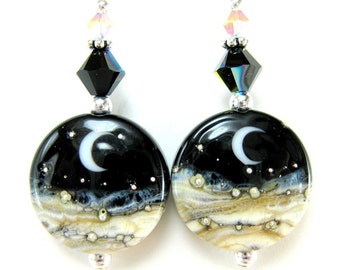 Moon Earrings, Halloween Earrings, Crescent Moon, Celestial Earrings, Moon Jewelry, Solar System, Lampwork Black Ivory White Space  Midnight