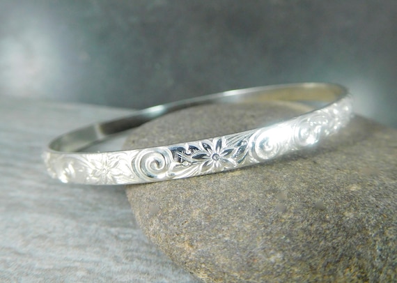 Botanical Sterling Silver Bangle Bracelet, 5mm Wide Flowers