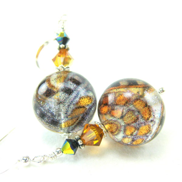 Topaz Black Murano Earrings, Amber Blue Black Venetian Glass Earrings, Beadwork Earrings, Amber Earrings, Dangle Earrings - Taxi Cab