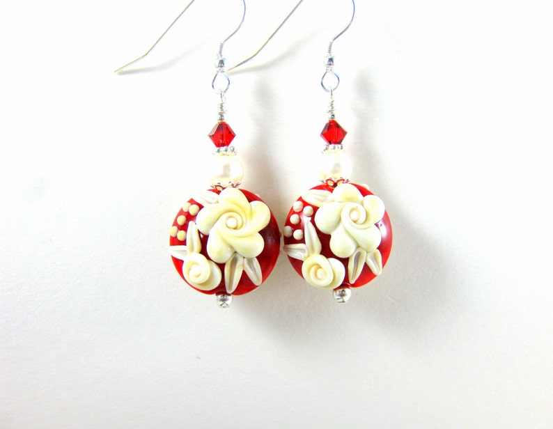 Red White Floral Earrings, Valentine's Day Jewelry, Ivory Rose Lampwork Earrings, Valentine's Gift for Her, Floral Jewelry, Romantic Jewelry image 4
