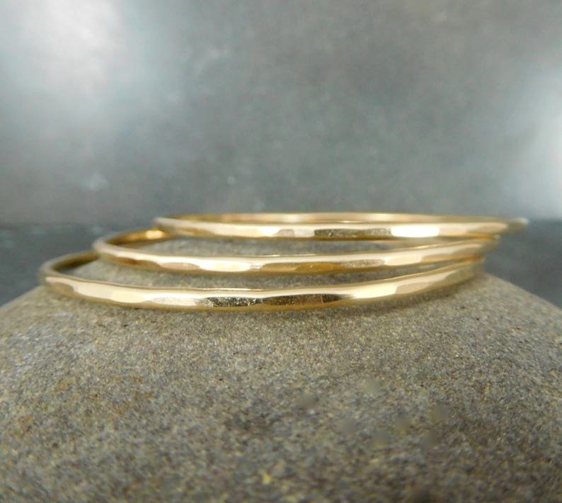 14K Gold Filled Bangle Bracelet Set of 3, 2mm Thick Yellow Gold Filled Smooth or Hammered Bangles, Skinny Delicate, Simple Everyday Jewelry image 4