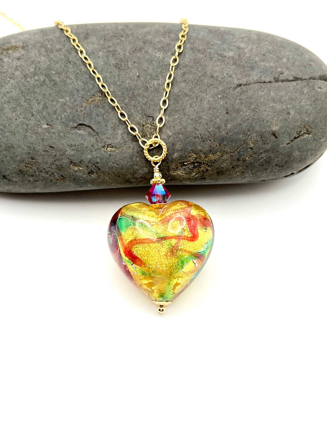 Buy Gold Heart Necklace, Pink Green Gold Foil Murano Necklace