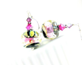 Purple Pink Black Earrings, Dangle Earrings, Glass Earrings, Lampwork Earrings, Beadwork Earrings, Dangle Earrings - Black Raspberry Ice