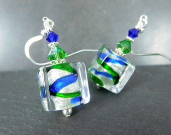 Blue Green Silver Murano Earrings, Glass Cube Dangle Earrings, Shimmering Silver Foil Drop Earrings, Geometric Jewelry Italian Glass Jewelry