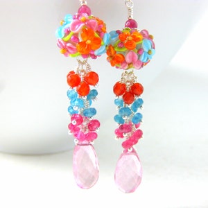 Colorful Floral Dangle Earrings, Gemstone Earrings, Pink Blue Orange Lampwork Earrings, Pink Quartz Blue Jade Carnelian Earrings, Summer image 1