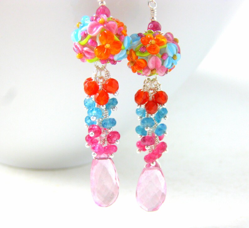 Colorful Floral Dangle Earrings, Gemstone Earrings, Pink Blue Orange Lampwork Earrings, Pink Quartz Blue Jade Carnelian Earrings, Summer image 1