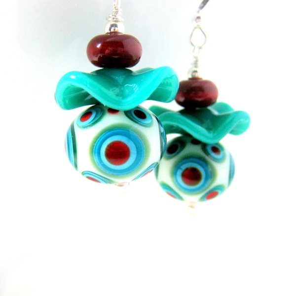 Ruffle Earrings, Teal Red & White Earrings, Lampwork Earrings, Glass Earrings, Funky Earrings, Unusual Earrings, Red Earrings - Bullseye