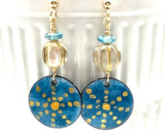 Teal Gold Circle Dangle Earrings, Blue Green Gold Enameled Copper Earrings, Artisan Enamel Jewelry, Festive Shimmering Unique Gift Under 25