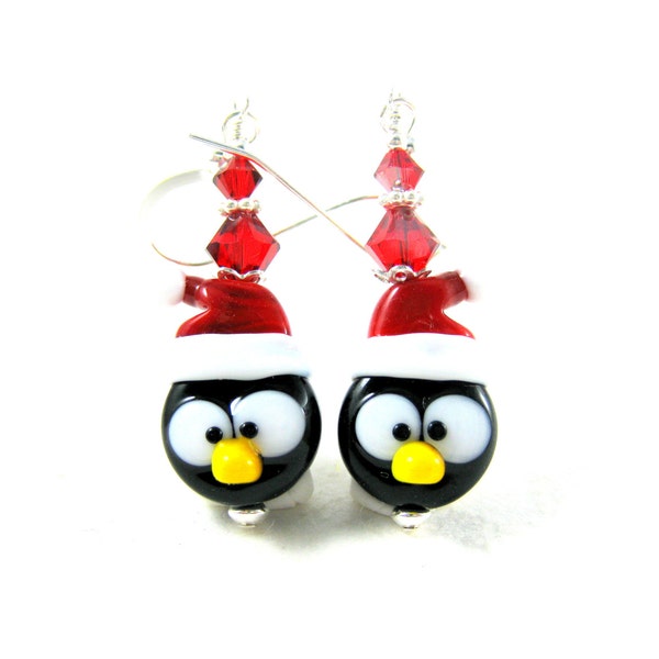 Penguin Earrings Christmas Jewelry Holiday Earrings Santa Penguin Lampwork Earrings Office Party Earrings Bird Earrings - Penguin Santa