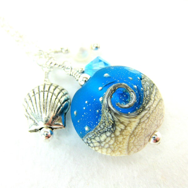 Beach Necklace, Ocean Necklace, Blue White Wave Lampwork Necklace, Seashell Necklace, Charm Necklace, Summer Beadwork Necklace - Tidal Wave