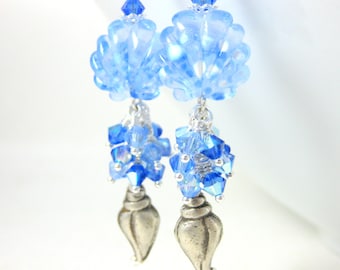 Light Blue Seashell Dangle Earrings, Beach Earrings, Ocean Earrings, Lampwork Earrings, Nautical Earrings, Beach Jewelry, Ocean Jewelry