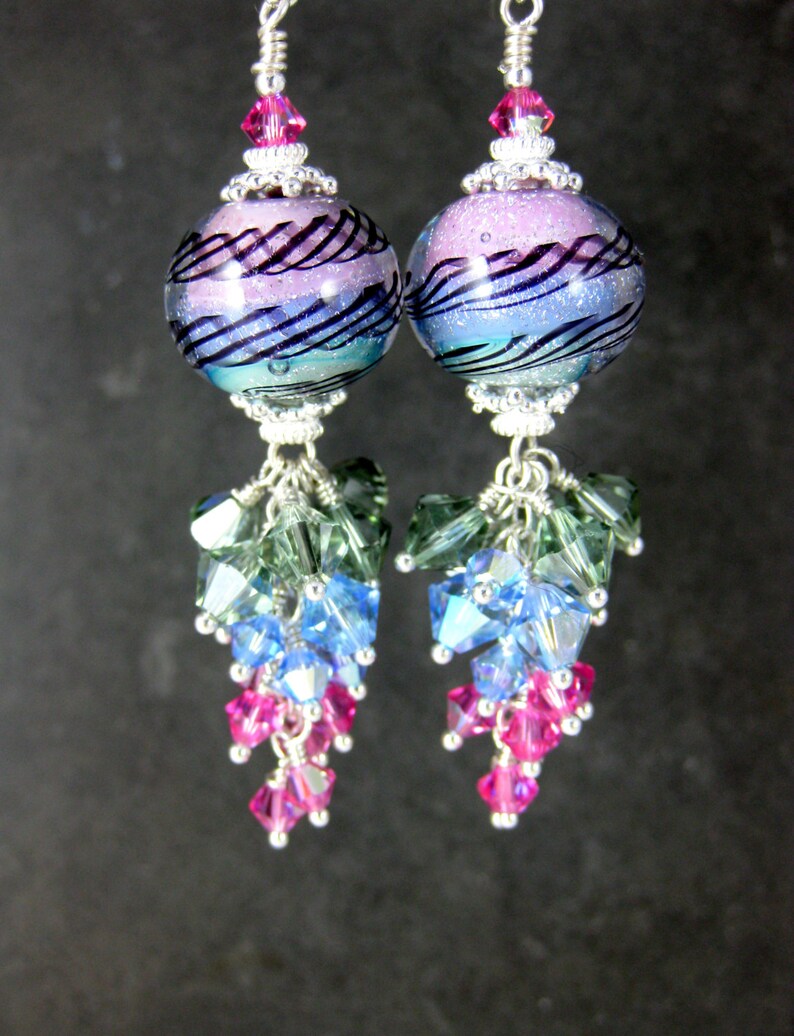 Sparkling Colorful Pastel & Silver Dichroic Glass Earrings, Pink Blue Mint Green Crystal Dangle Earrings, Sterling Silver Lampwork Earrings image 3