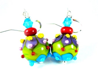 Colorful Funky Round Glass Dangle Earrings, Blue Green Yellow Pink Purple Bumpy Earrings Fun Jewelry Lampwork Earrings Bright Color Earrings