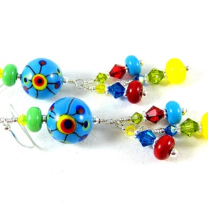 Colorful Funky Earrings, Lampwork Earrings, Glass Earrings, Rainbow Jewelry, Blue Yellow Red Earrings, Bright Colors Unique Earrings Pop Art image 4