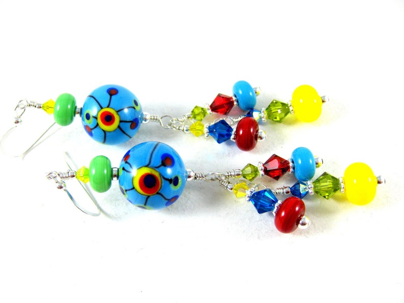 Colorful Funky Earrings, Lampwork Earrings, Glass Earrings, Rainbow Jewelry, Blue Yellow Red Earrings, Bright Colors Unique Earrings Pop Art image 4