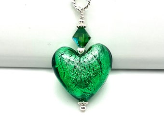 Heart Necklace, Green Murano Heart Necklace, St Patrick's Day Jewelry, Emerald Green Glass and Sterling Silver Necklace Valentine's Day