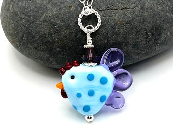 Chicken Necklace, Polka Dot Bird Necklace, Farm Animal Jewelry,  Blue Purple Lampwork Necklace, Fun Necklace Whimsical Jewelry Animal Lover