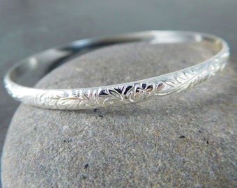 Nature Inspired Bangle, Flower & Leaf Pattern Stacking Bracelet, 4mm Wide Sterling Silver Bracelet, Boho Jewelry, Patterned Bangle Bracelet