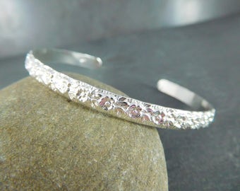 Floral Sterling Silver Cuff Bracelet, 5mm Wide Silver Flower Open Bangle, Layering Bracelet, Everyday Jewelry, Adjustable Stacking Bracelet