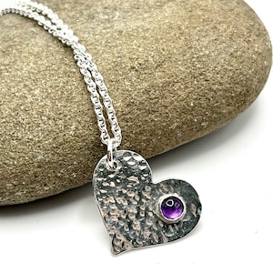 Heart Necklace, Purple Amethyst Hammered Sterling Silver Necklace, February Birthstone Necklace, Valentine&#39;s Day Gift, Heart Pendant