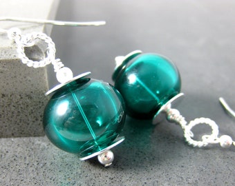 Teal Hollow Glass Bead Dangle Earrings, Blown Glass Earrings, Simple Earrings, Lampwork Earrings, Sterling Silver Earrings, Everyday Jewelry