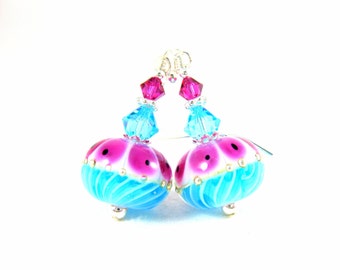 Turquoise Blue Pink White Earrings, Cute Earrings, Lampwork Earrings, Glass Earrings, Pastel Earrings, Colorful Lampwork Jewelry - Bridget