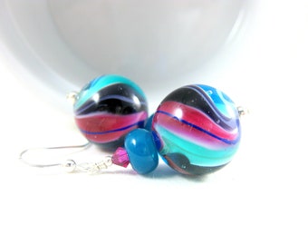 Pink Purple Teal Earrings,, Colorful Glass Earrings, Lampwork Earrings, Jewel Tone Earrings, Beadwork Earrings, Bead Earrings - Tornado