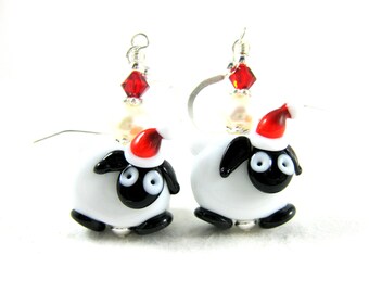 Sheep Earrings, Christmas Earrings, Holiday Earrings, Red White Black Lampwork Earrings, Holiday Jewelry, Dangle Earrings - Christmas Sheep